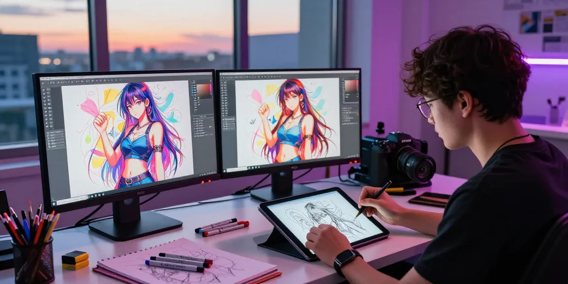 Creating stunning ai ecchi art in a vibrant digital studio workspace