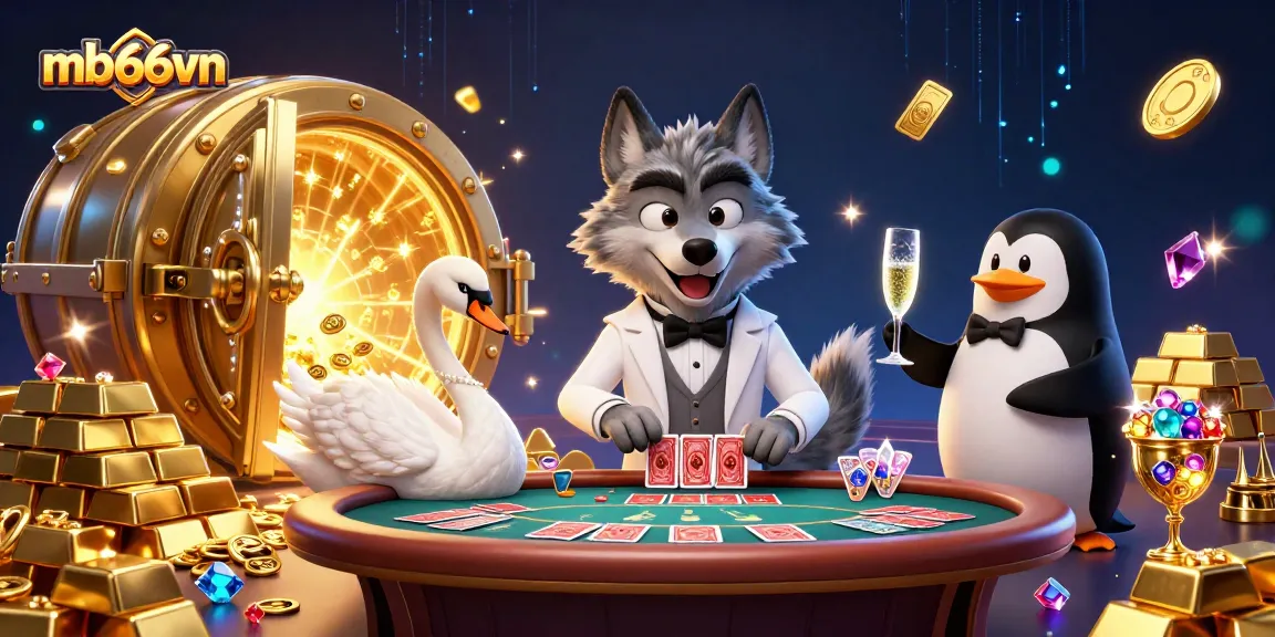 Experience exciting gameplay at mb66vn with a whimsical wolf and elegant characters around a baccarat table.