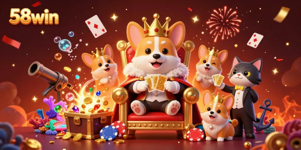 Play at 58win with royal corgi king surrounded by treasure and celebratory confetti!