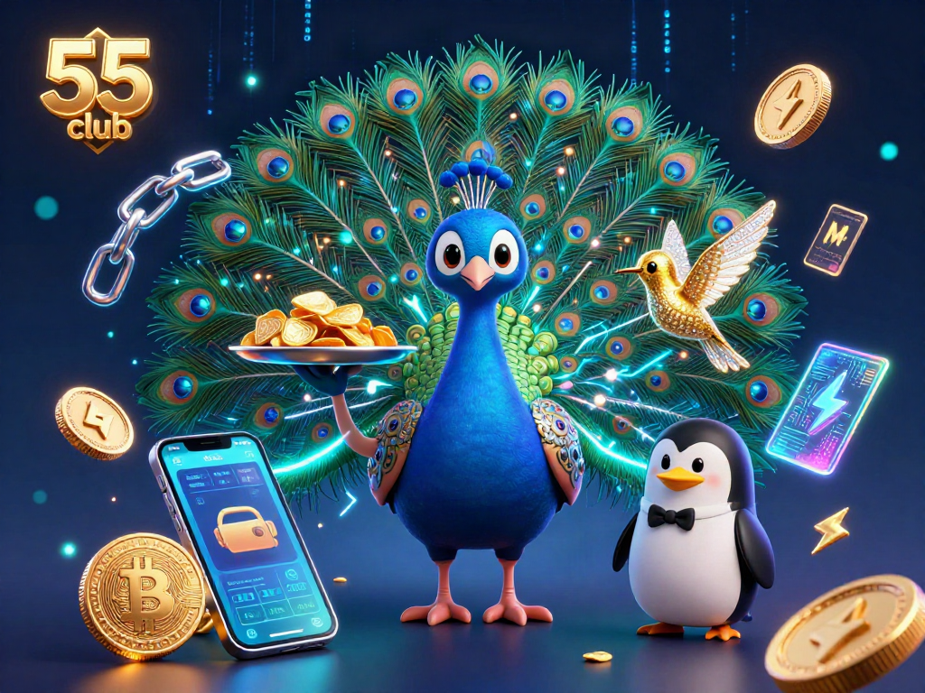 Engage with thrilling games at 55 club through an exciting 3D illustration featuring vibrant characters and casino elements.