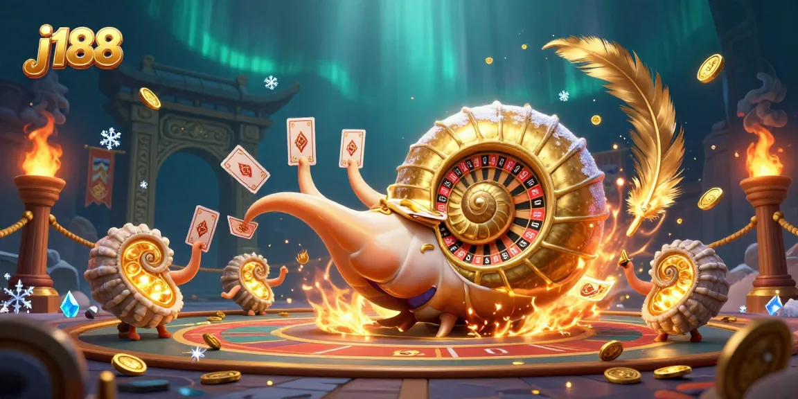 Experience j188 casino excitement with a giant nautilus roulette wheel, cards, and glowing ammonites.
