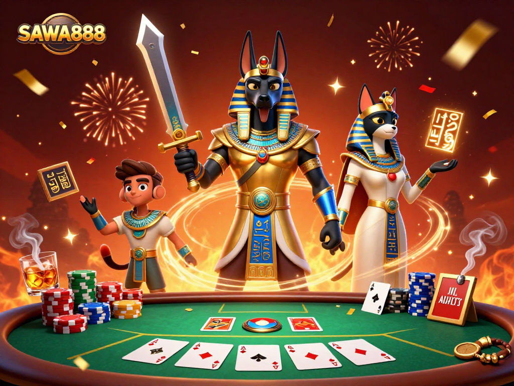 Engaging scene showcasing SAWA888 with Anubis and Bastet at a vibrant poker table filled with chips and energy.