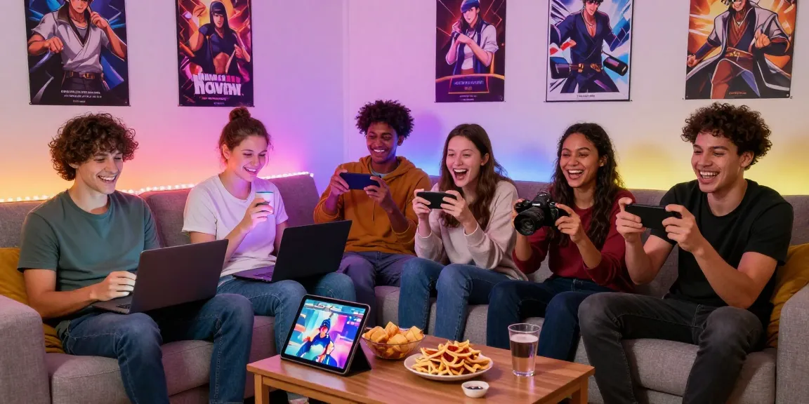 Group enjoying hentaigames on devices in a cozy living room setting.