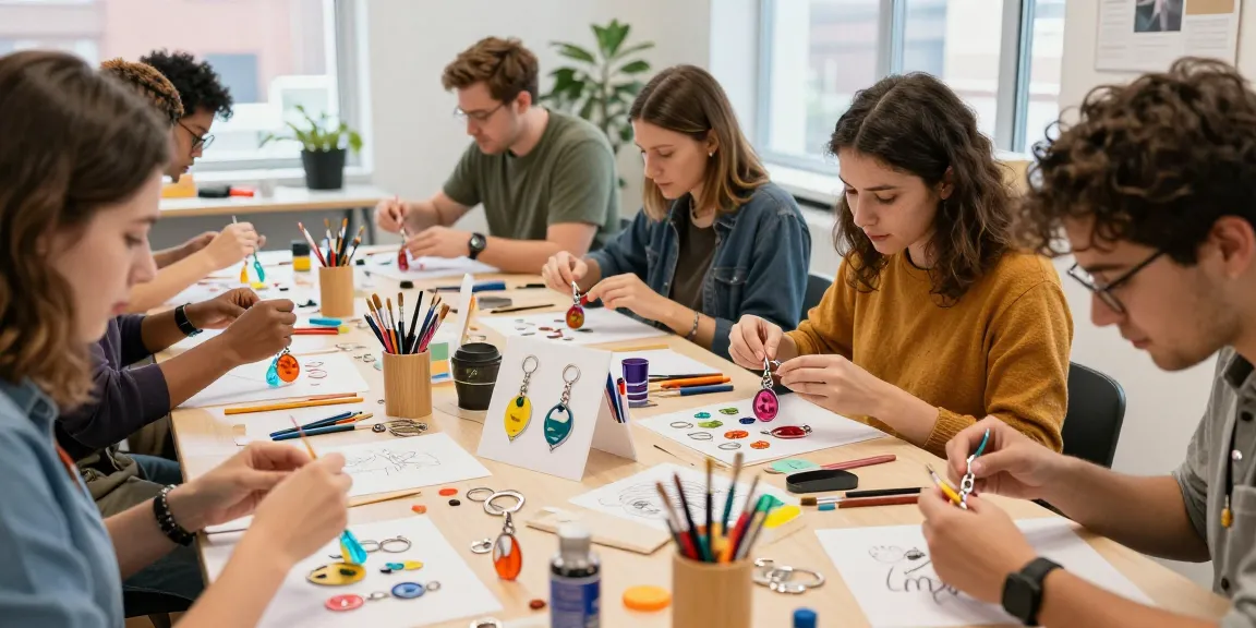 Creative individuals designing custom keychains in a vibrant workshop