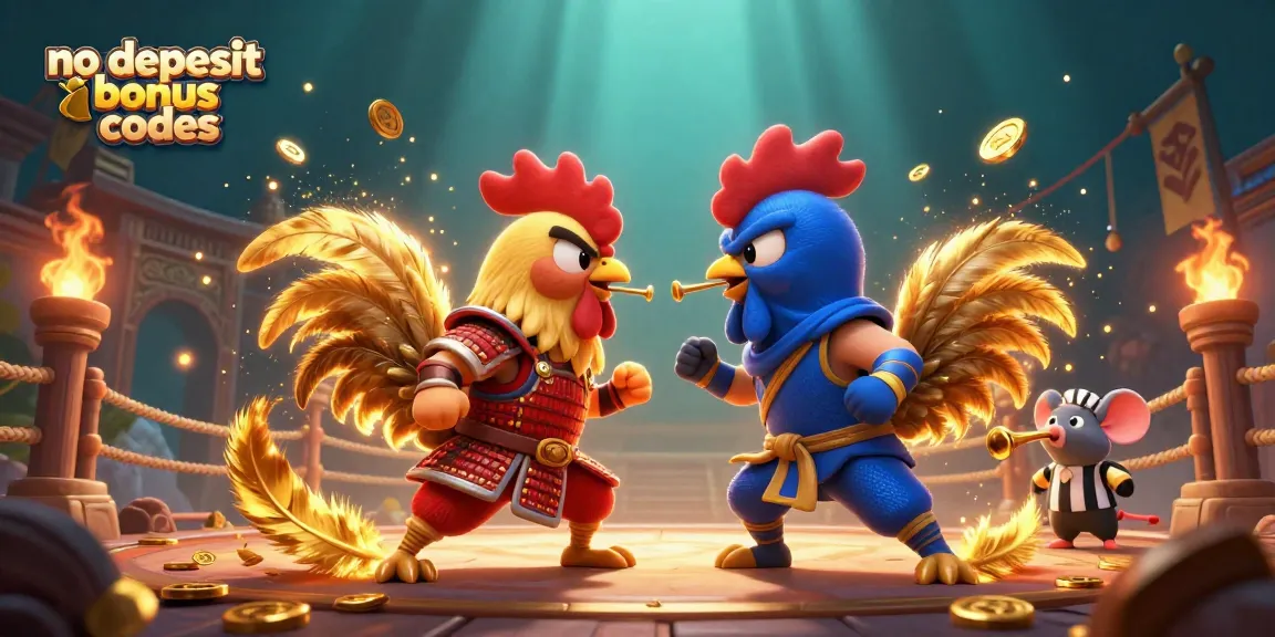 No deposit bonus codes illustrated with a duel between cartoon fighting roosters in a dynamic casino arena setting.