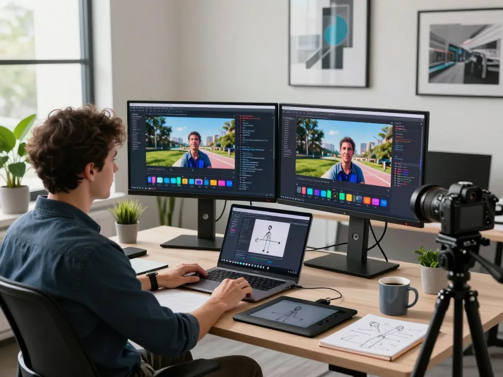 Developer using motion AI to create dynamic videos in a modern tech workspace.