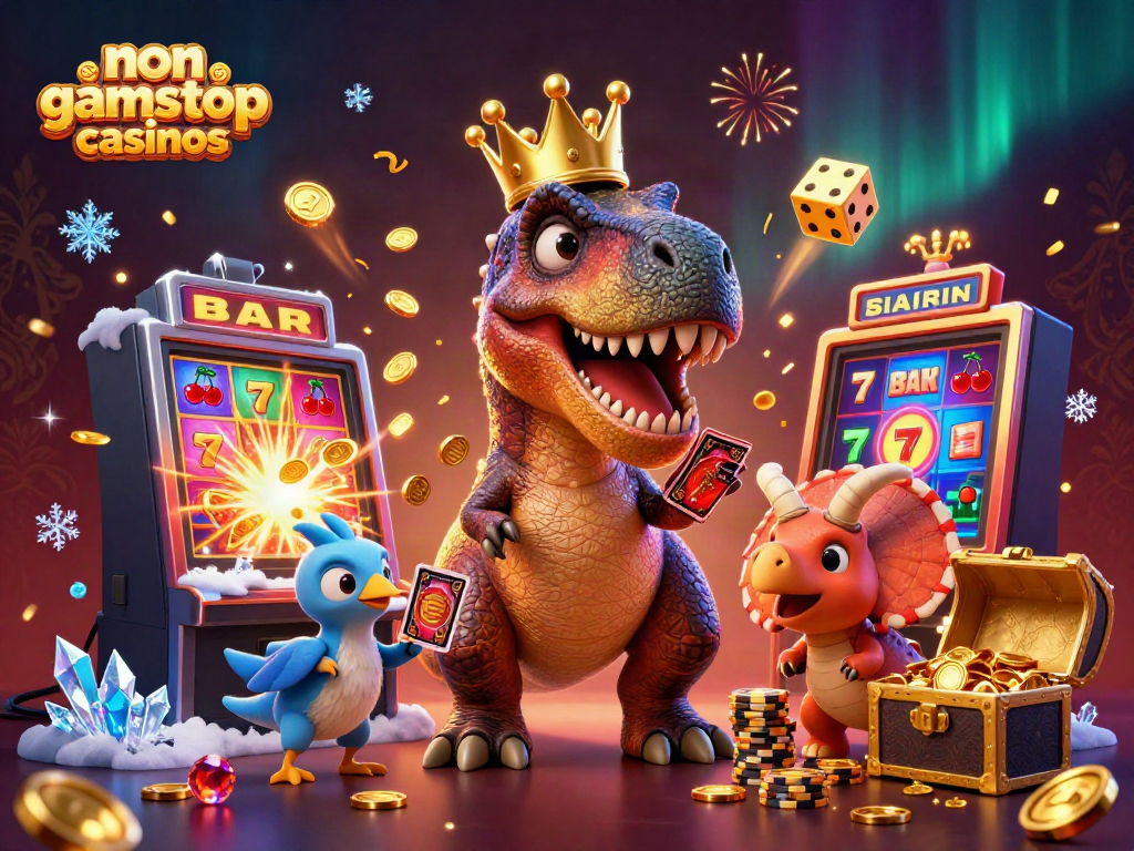 Experience fun at non gamstop casinos with playful dinosaurs in a vibrant casino scene.
