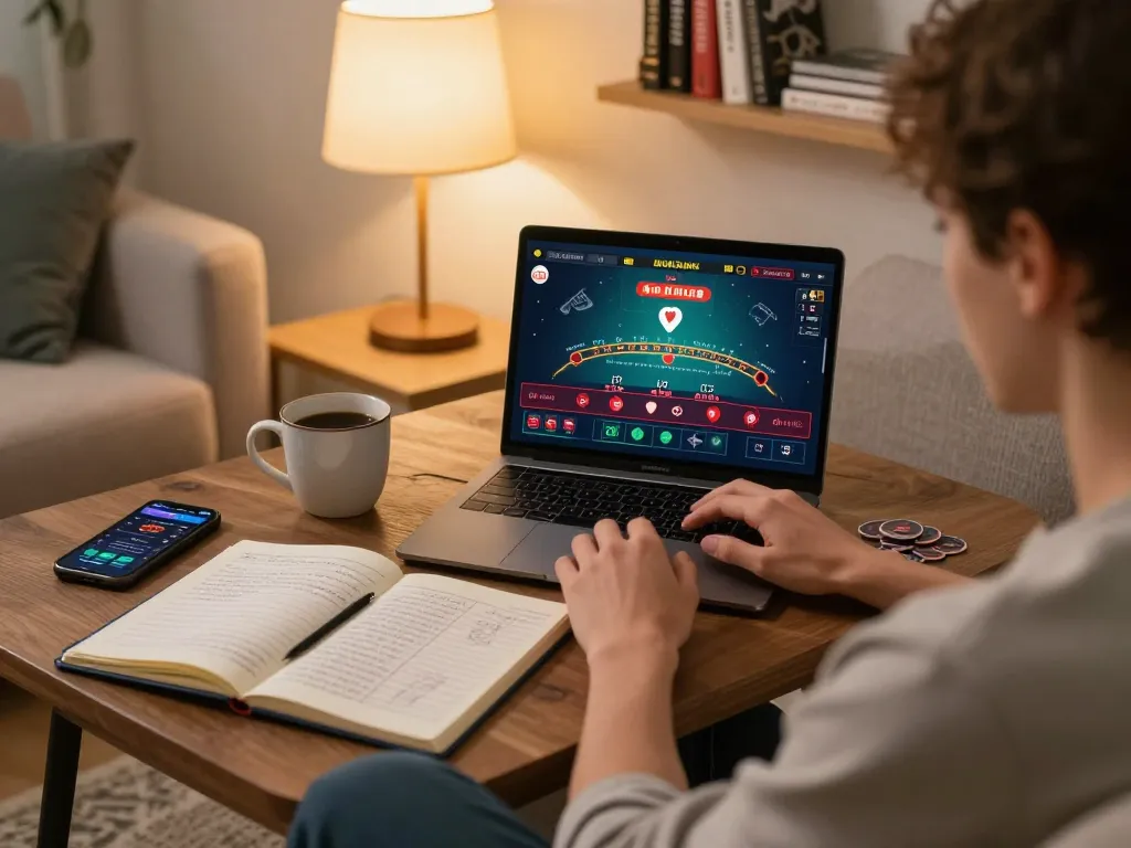 Engaging online gambling at home with 77LOC interface on laptop, showcasing strategic gameplay.