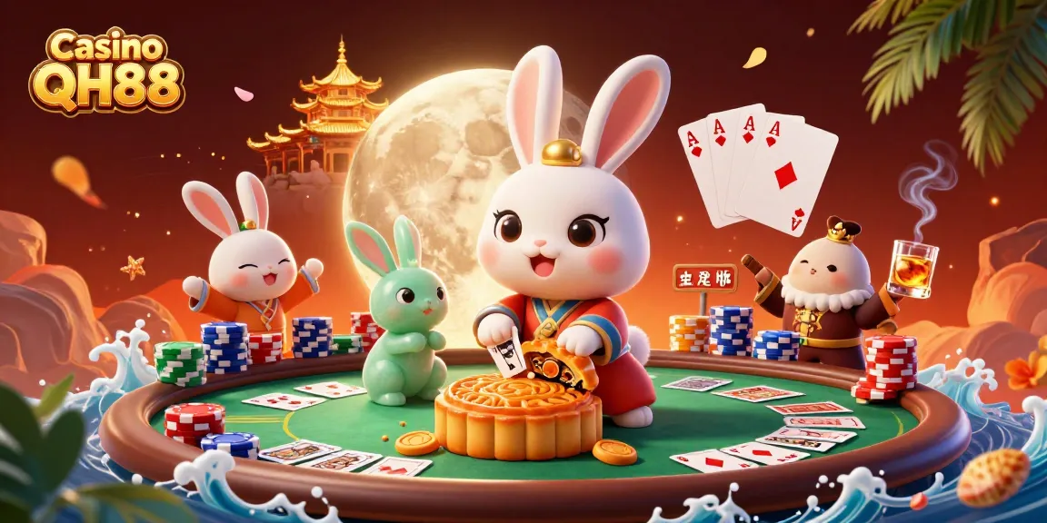 Play exciting games at Casino QH88, featuring vibrant poker elements and a magical moonlit backdrop.