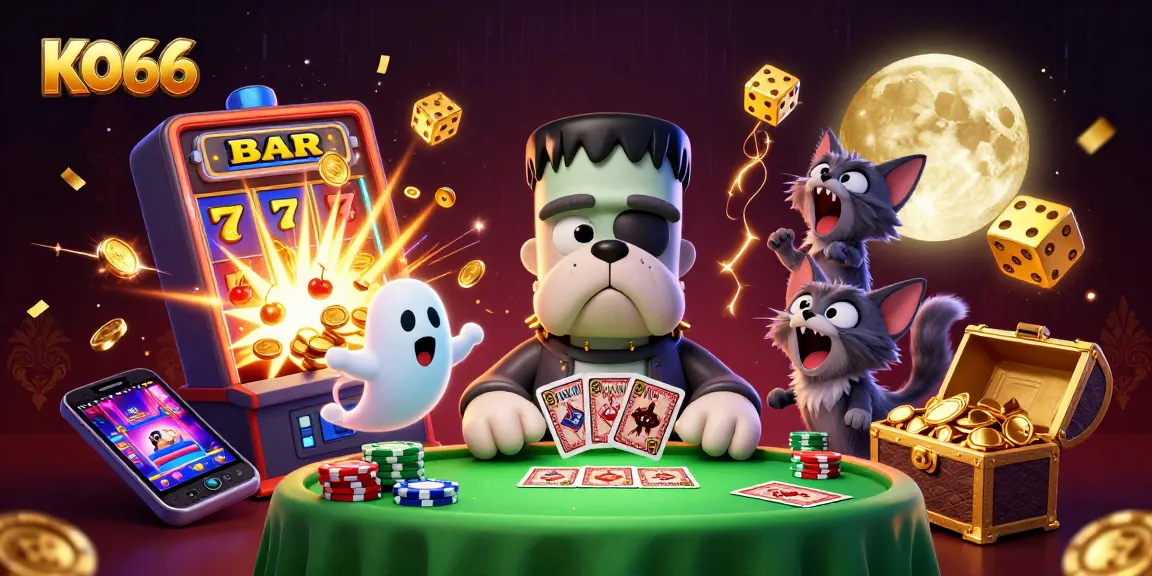 KO66 showcases a lively 3D casino scene with a cartoon bulldog dealing cards and vibrant game elements.