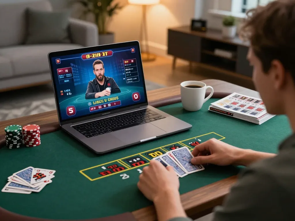 nk88 player enjoying live dealer game on laptop at home, strategic online gambling setup with engaging gameplay