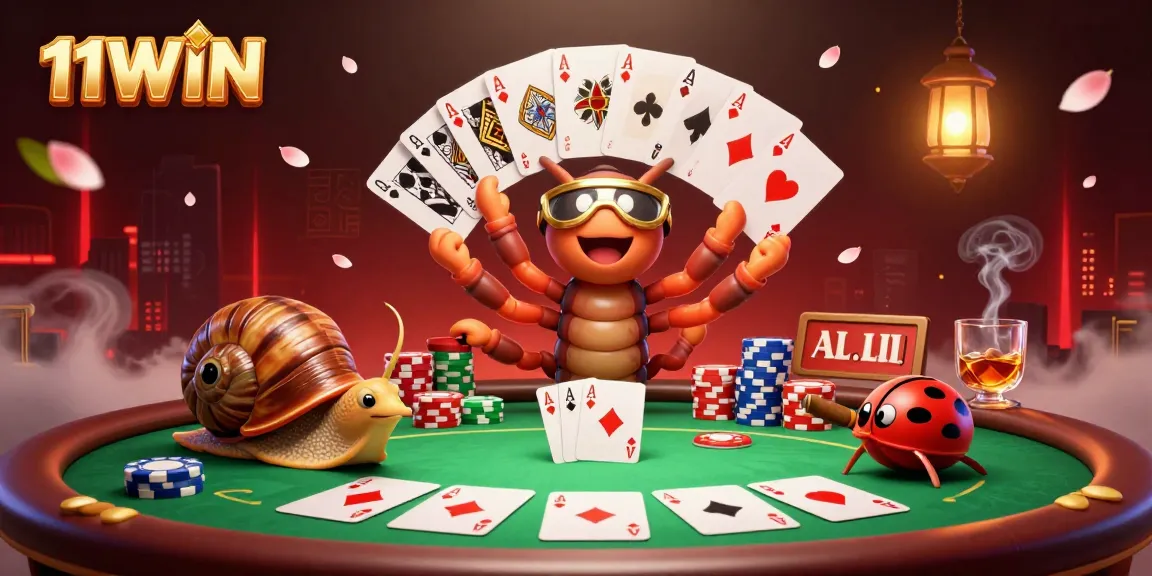 Experience thrilling poker action at 11WIN with a vibrant millipede dealer and chip-stacking snail.