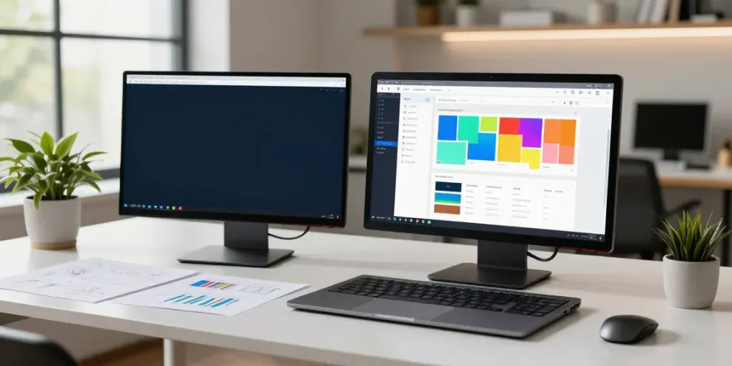 This website design scene features a professional designer working at a modern desk with dual monitors, showcasing colorful website wireframes.