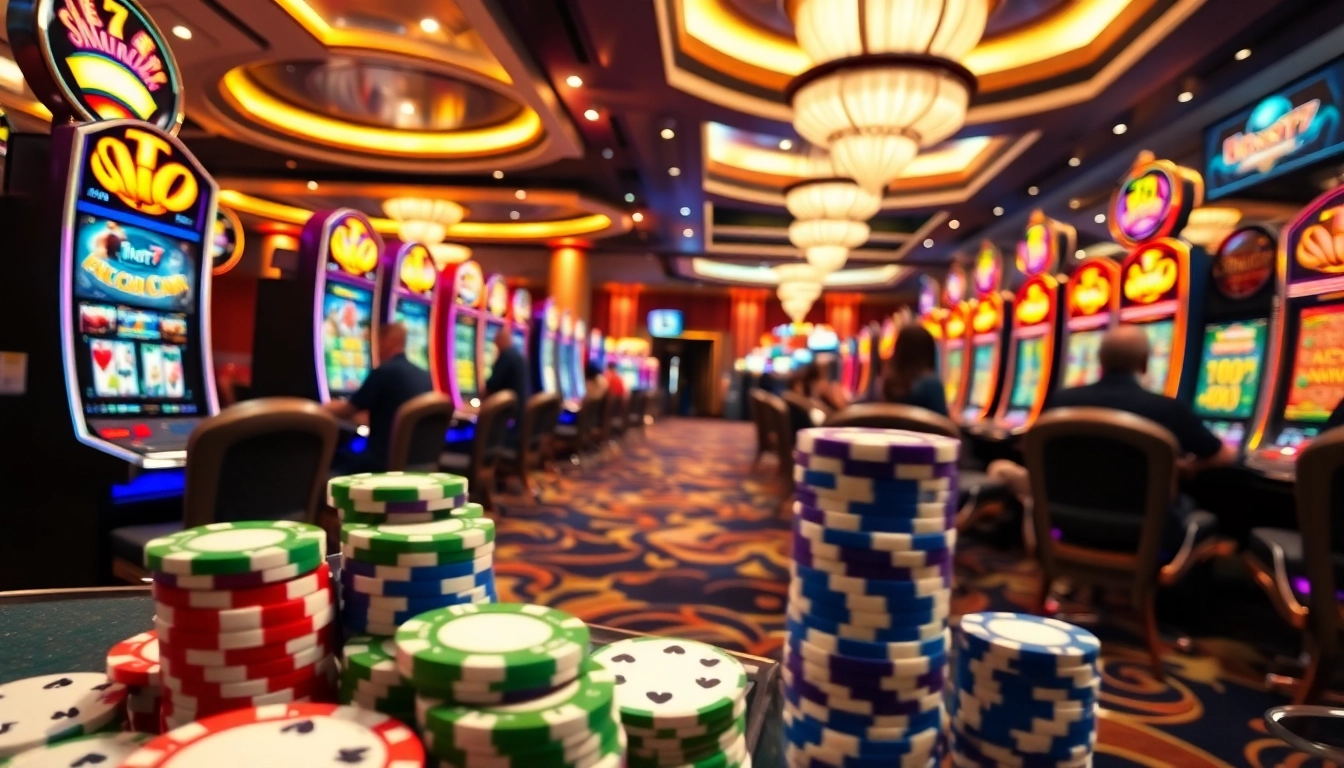 Engaged players enjoying Slot777 machines in a vibrant casino atmosphere with poker chips.