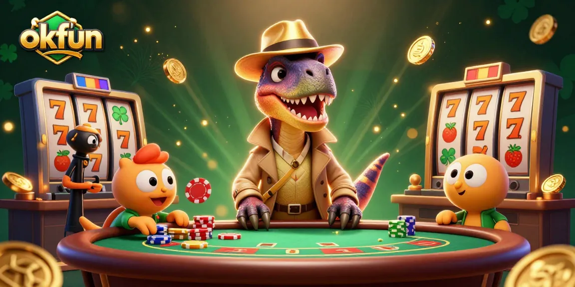 Try your luck with okfun at a vibrant casino scene featuring a velociraptor card counter and slot elements.