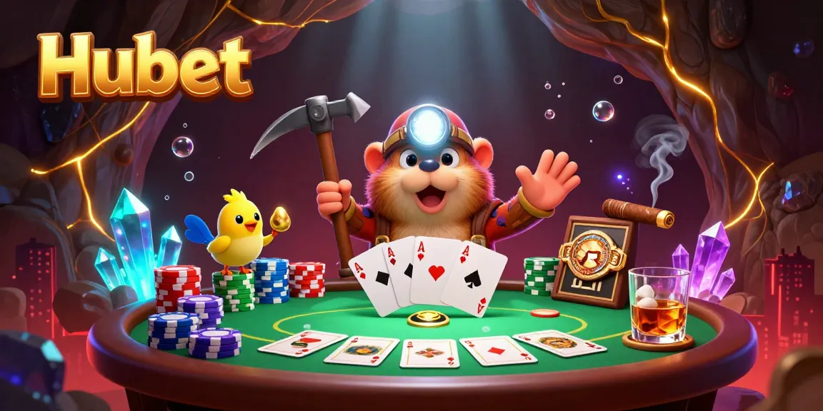 Hubet offers thrilling gaming experiences, highlighted by a cartoon treasure hunter and poker elements.