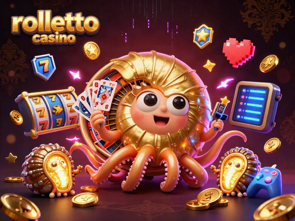 Experience excitement at Rolletto Casino with a vibrant 3D illustration of gaming elements.