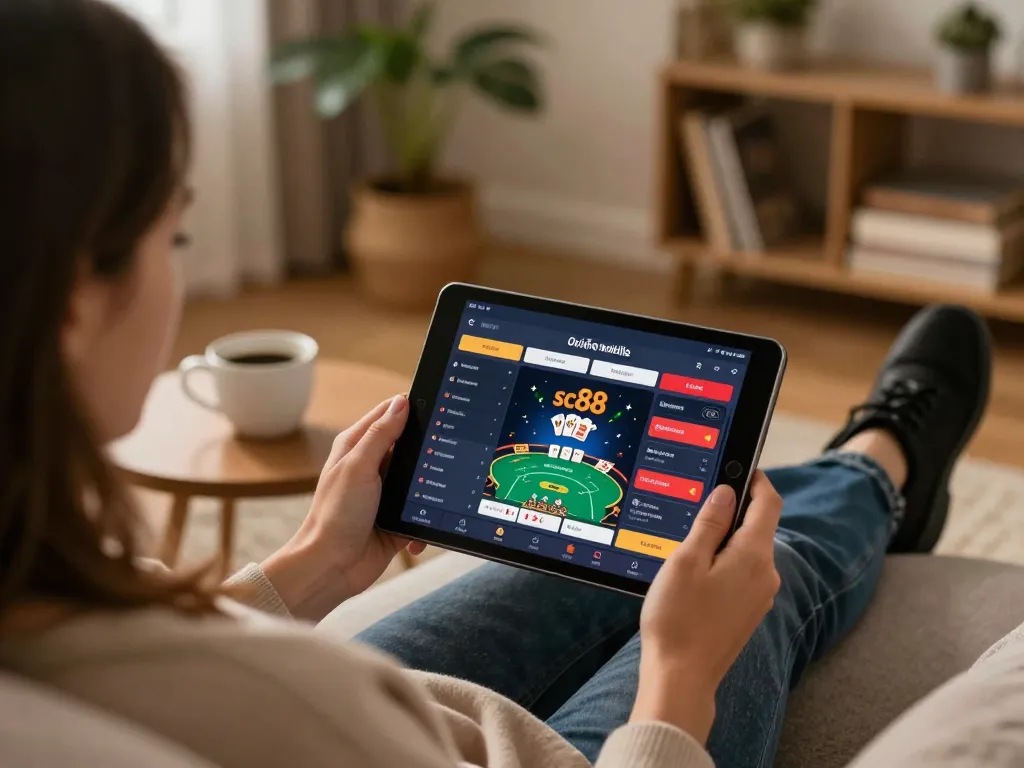 Engaging with the sc88 app on a tablet for an exciting online gambling experience at home.