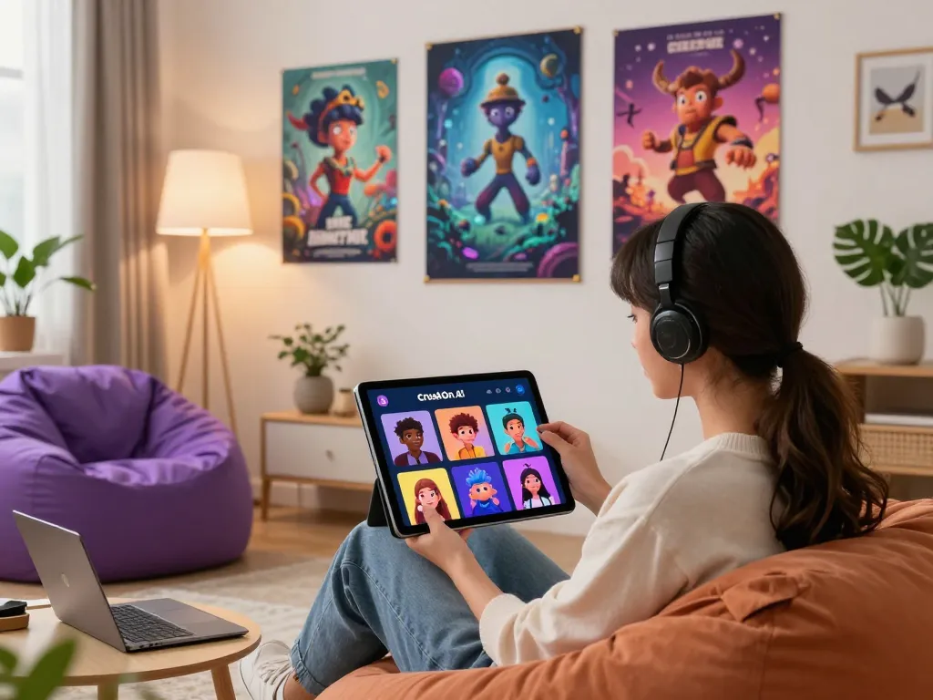 Interactive scene showcasing character ai nsfw user engaging with avatars in a cozy home environment.