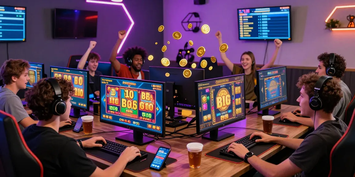 Permainan slot online yang seru dengan pemain penuh semangat, menampilkan kemeriahan dan suasana kompetitif di lingkungan gaming modern.