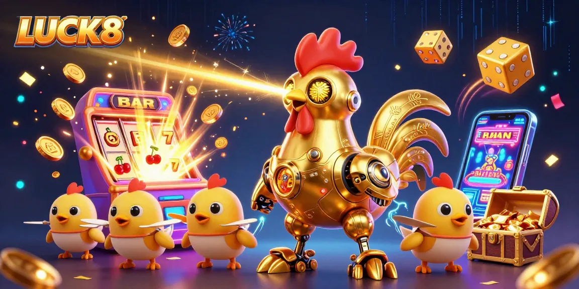 Experience the thrill of winning at LUCK8 with a vibrant 3D casino scene bursting with excitement.
