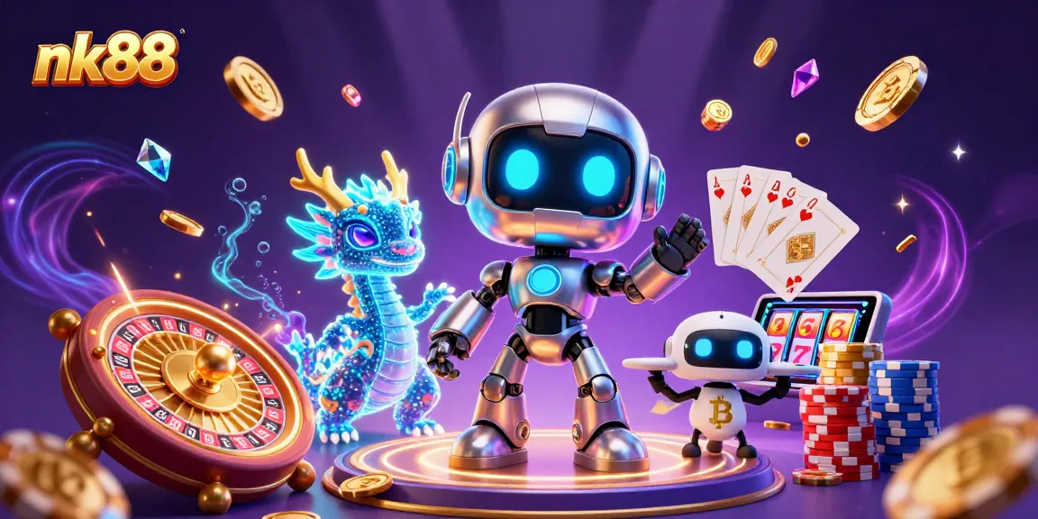 Experience the thrill of nk88 casino with vibrant robot mascots and flying game elements!