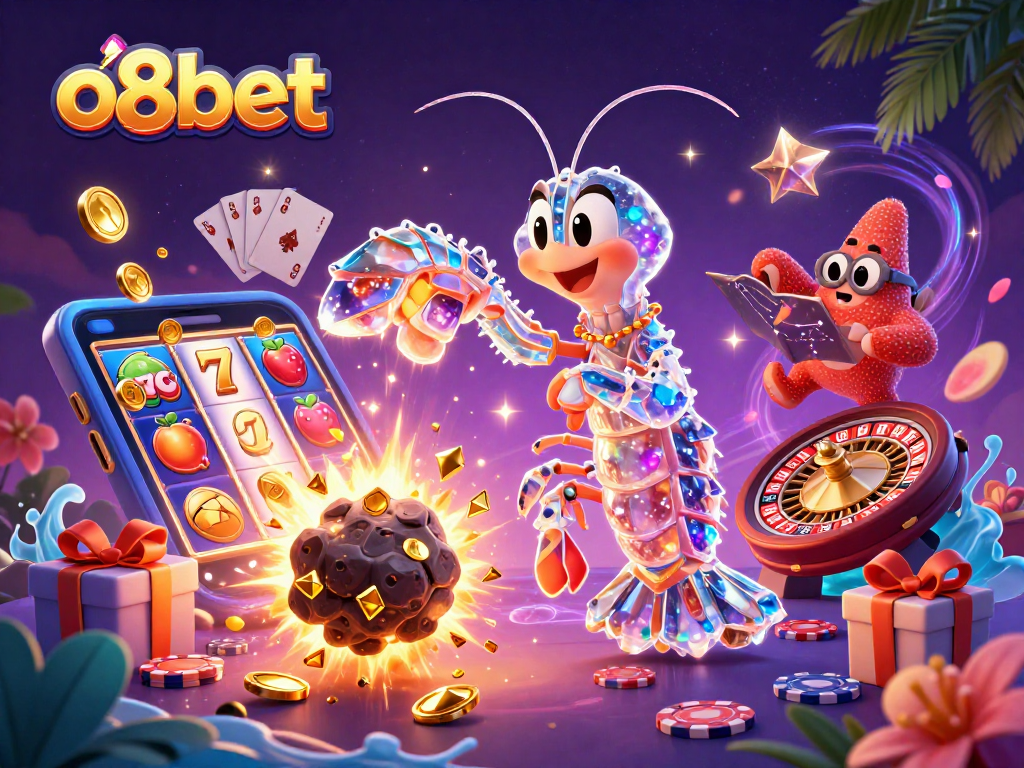 o8bet showcases galactic samurai mantis shrimp amid a vibrant casino atmosphere filled with games and gold.