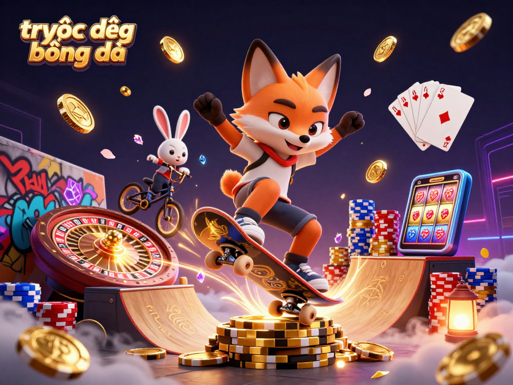 Experience trực tiếp bóng đá with vibrant casino-themed illustration featuring engaging characters and dynamic game elements.