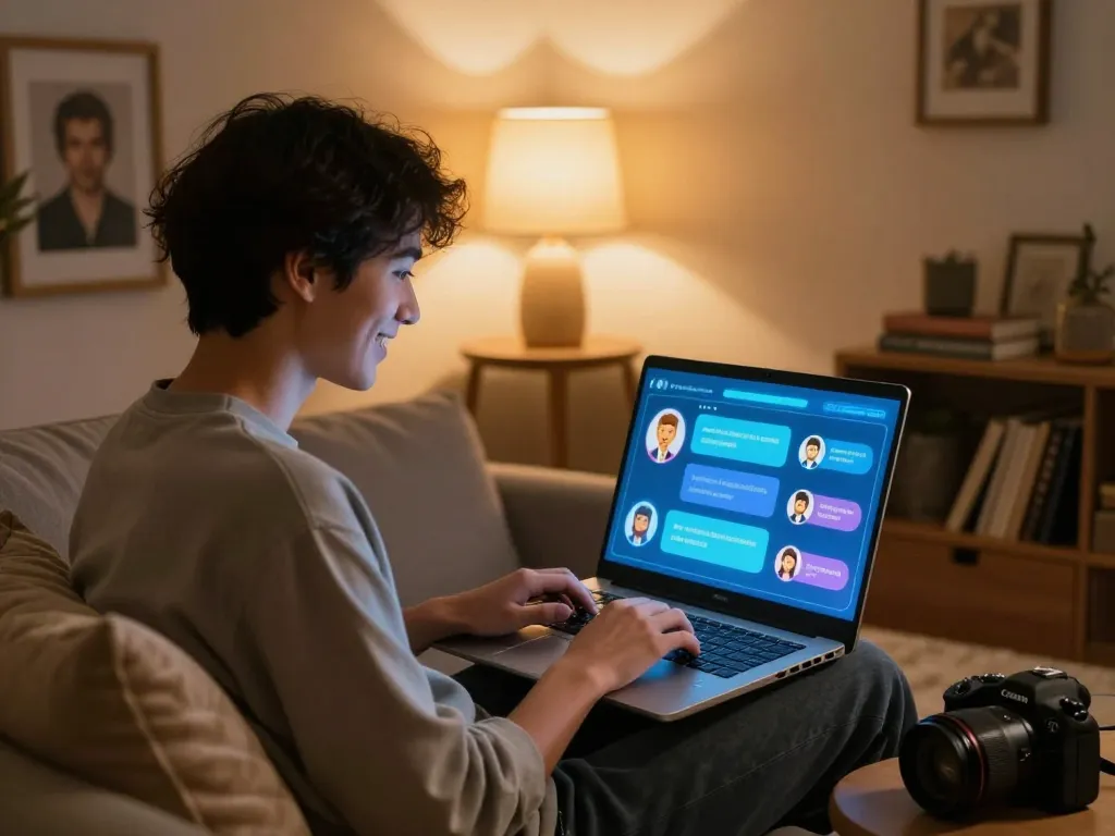 Engaging sex chat ai experience with a user interacting with a virtual chatbot in a cozy ambiance.