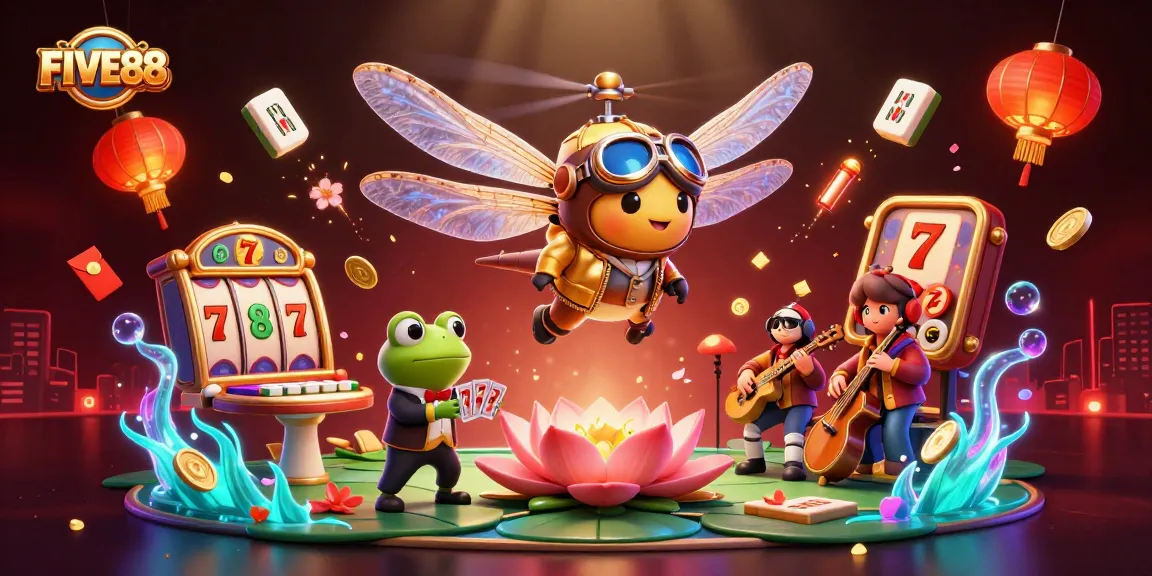 Experience thrilling excitement at FIVE88 with vibrant 3D casino elements and playful characters.
