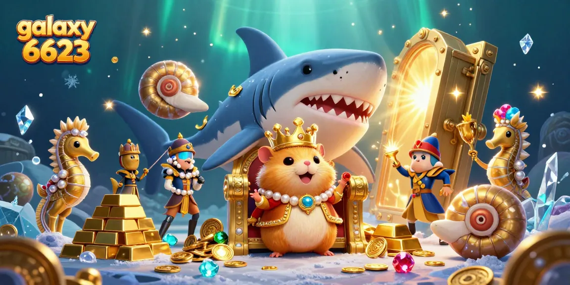 Sparkle with galaxy 6623 as the golden hamster king rules from a megalodon throne surrounded by treasures.