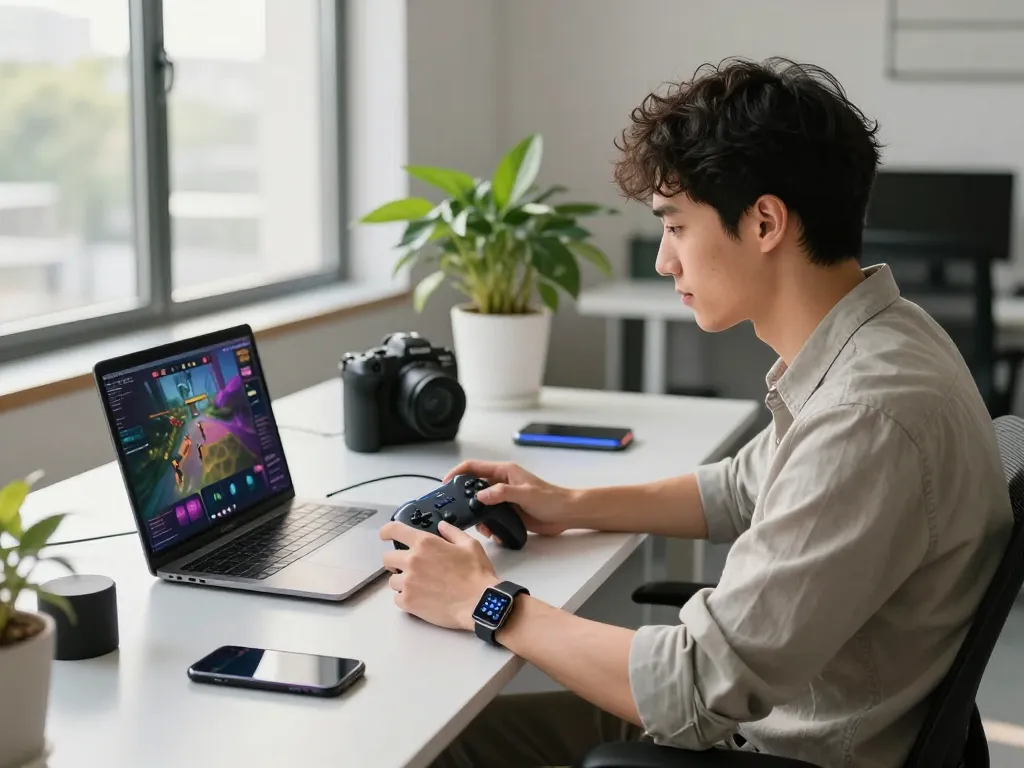 Scene of a young man using the best tech gadgets for men in a modern office setting, showcasing Bluetooth gaming controllers and smart devices.