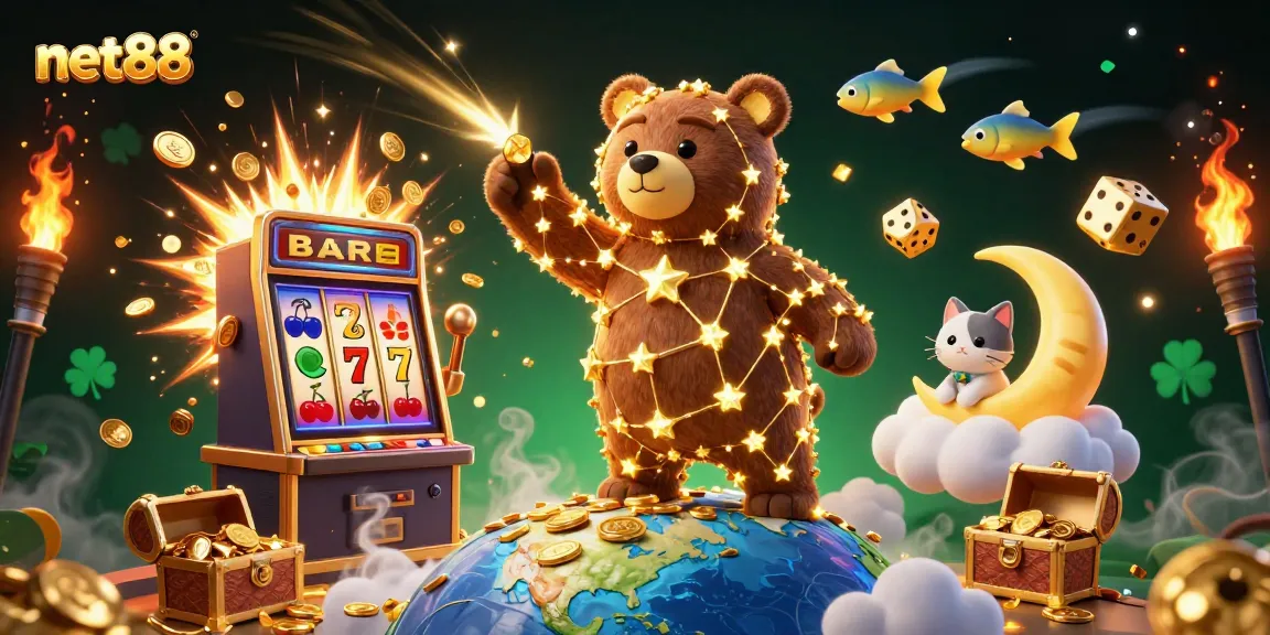 Win big with net88 as the constellation bear scoops coins amid dazzling casino visuals.