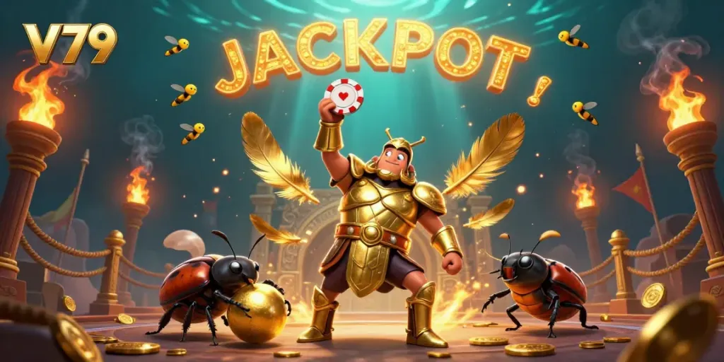 Catch the V79 excitement as the heroic beetle celebrates a poker win with golden tokens and vibrant colors.