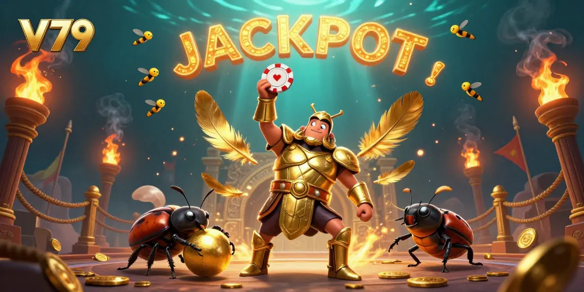 Catch the V79 excitement as the heroic beetle celebrates a poker win with golden tokens and vibrant colors.