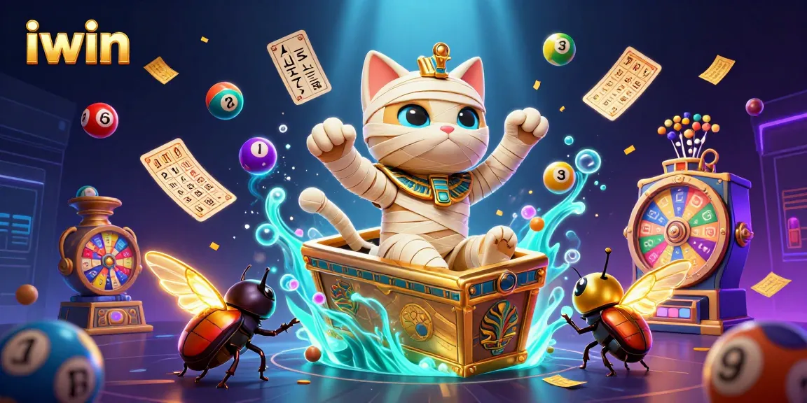 Engage with iwin's vibrant lottery scene featuring a mummy cat, scarab beetle, and energetic gaming elements.