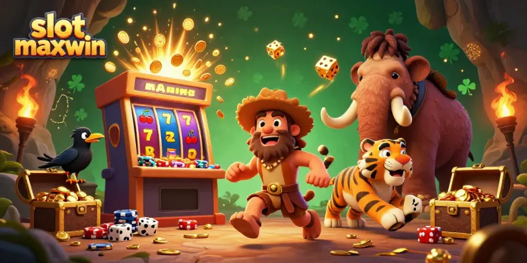Experience the thrill of slot maxwin with colorful 3D characters and dynamic casino elements in this vibrant illustration.