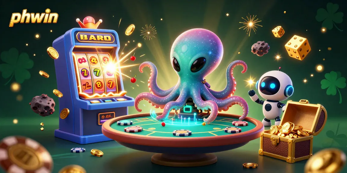 Engage in thrilling games with phwin, featuring an alien octopus at a holographic poker table surrounded by vibrant casino elements.