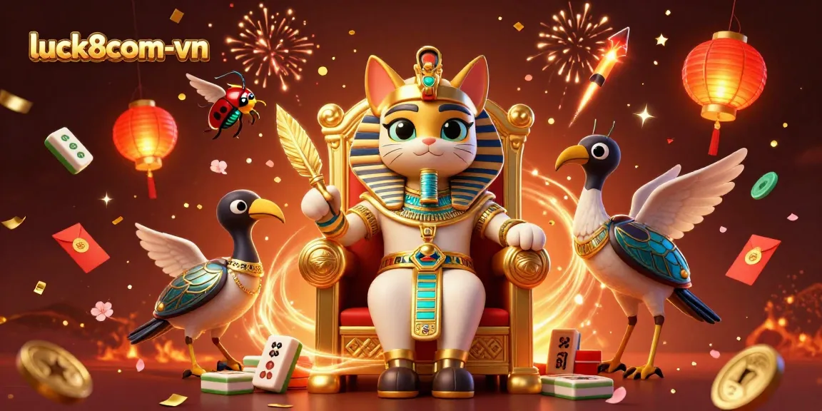 Engage with luck8com-vn's vibrant gaming scene featuring Egyptian-themed characters and festive elements.