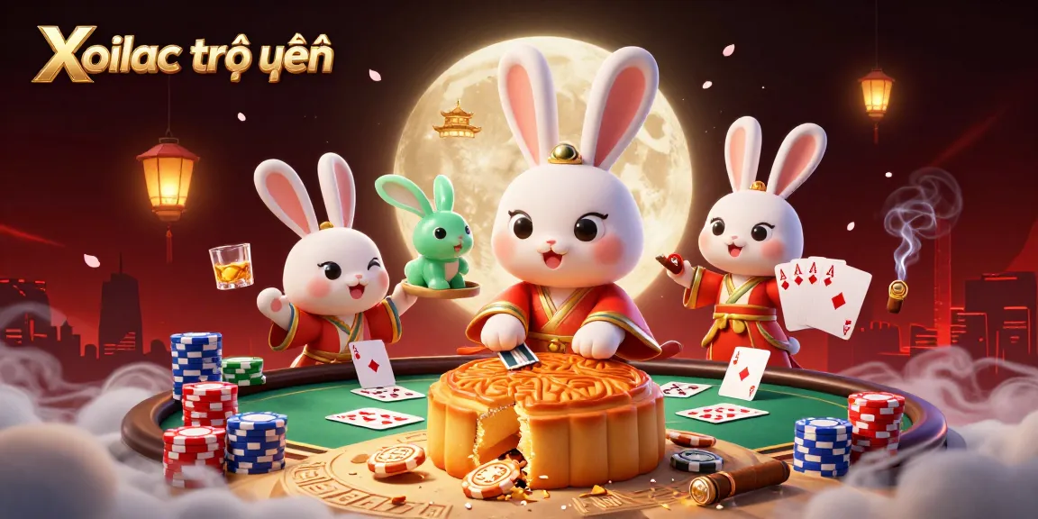 Xoilac trực tuyến showcases a vibrant scene with poker chips and cards around a folklore rabbit on the moon.