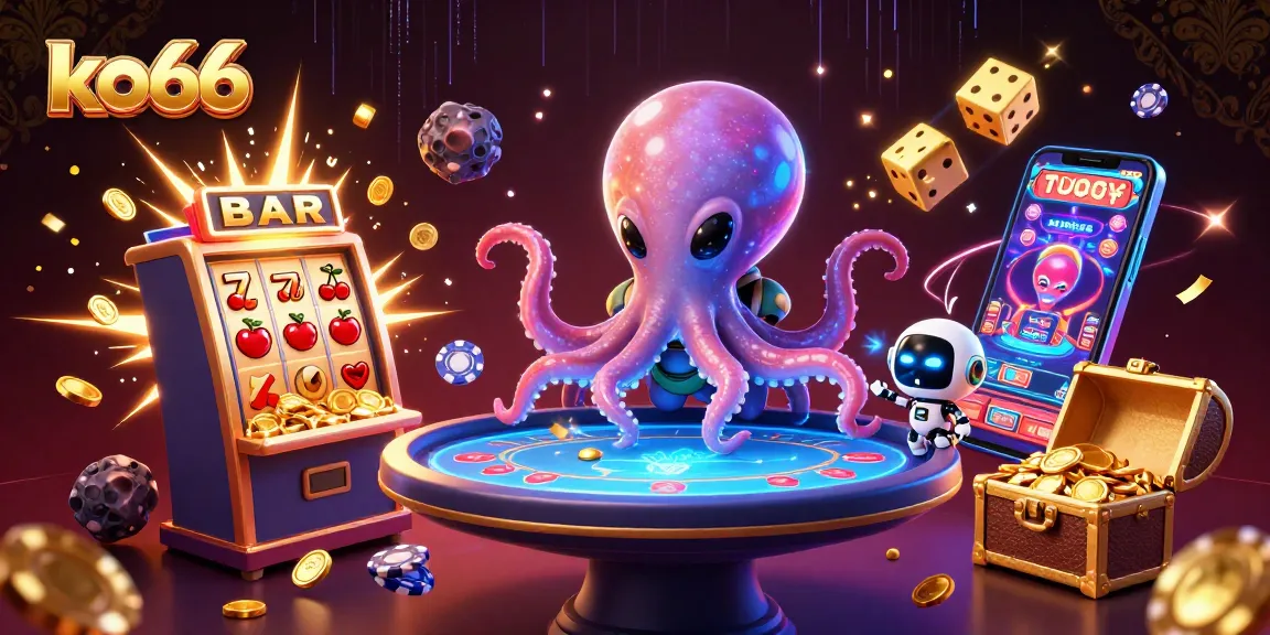 Experience the excitement of ko66 with vibrant holographic casino elements and alien characters.