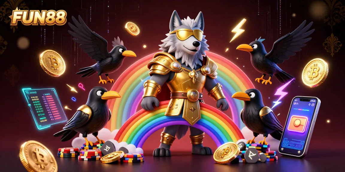 Play thrilling casino games with FUN88, featuring Odin and ravens amidst a vibrant neon scene.
