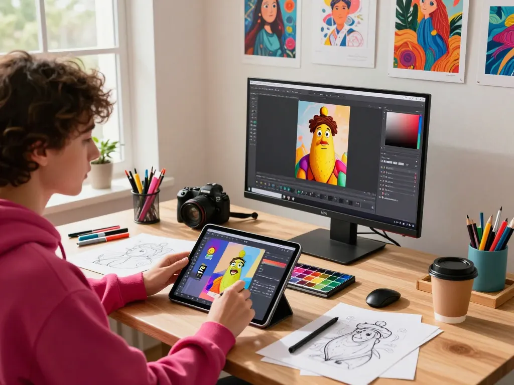 Using Nano Banana AI, a digital artist edits vibrant images in a creative workspace.