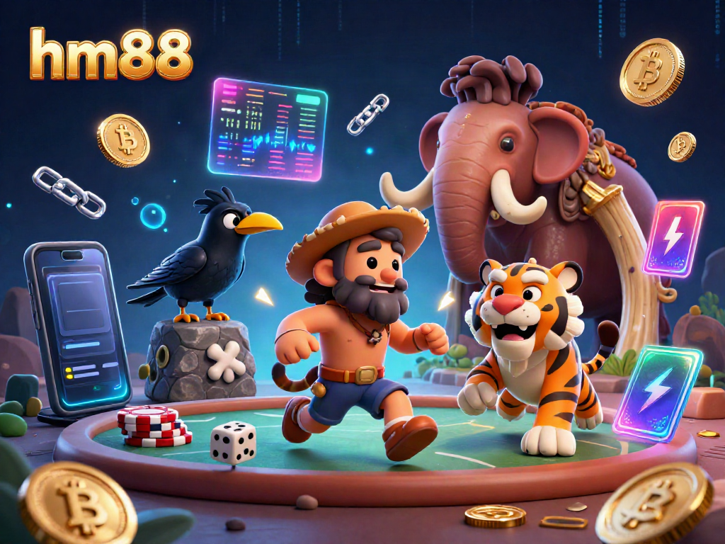 Engage with hm88 in a vibrant prehistoric casino scene with cavemen and crypto elements.