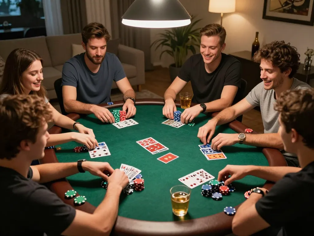 Friends enjoying a poker night at home with LV88-themed chips and cards, celebrating strategic gameplay.