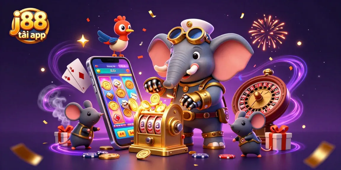 Engage with the j88 tải app in this vibrant casino universe, where a steampunk elephant engineers a golden slot machine.