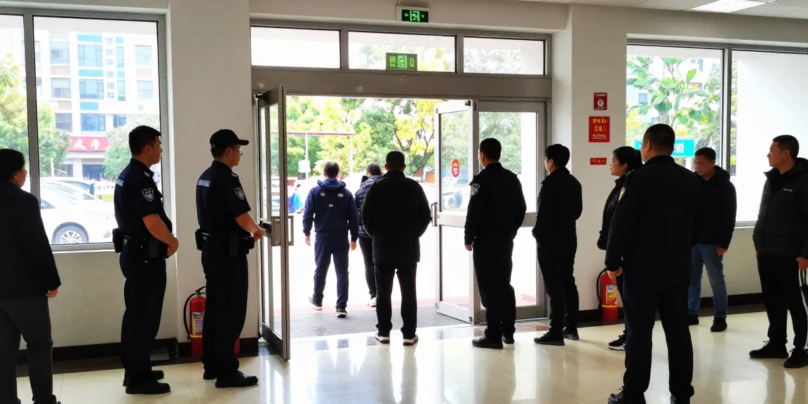 Emergency exit door with panic bar in a busy commercial building during a fire drill.