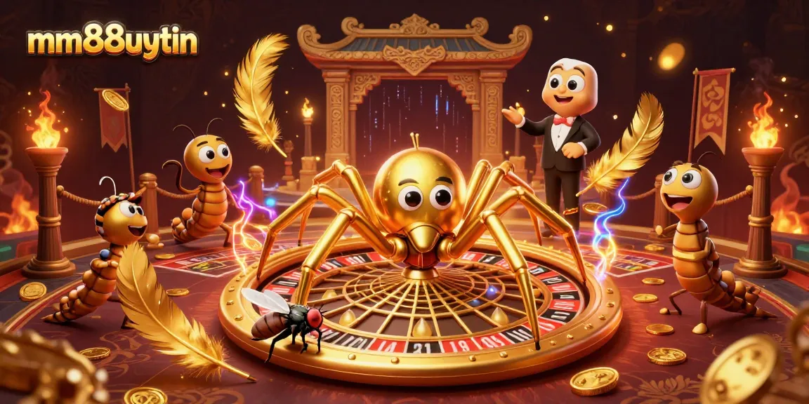 mm88uytin showcases a golden spider spinning a roulette web as a fly nervously bets in this 3D casino scene.