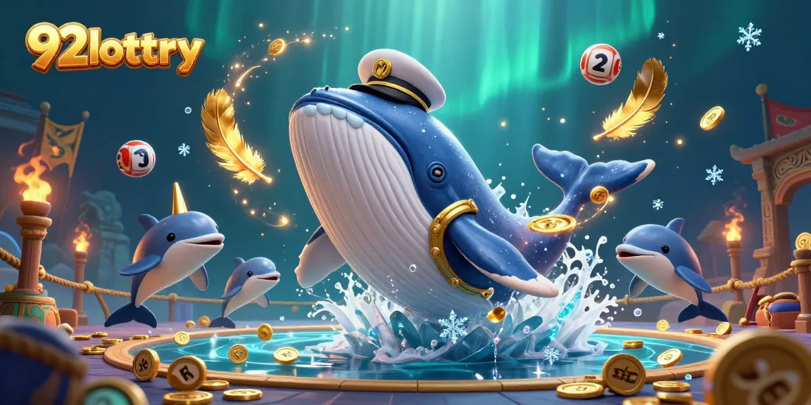 Engage with 92lottery illustrated scene showcasing a whale and friends in a vibrant ocean of lottery elements.