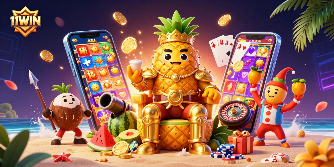 Engage in the golden fruit-themed casino adventure at 11WIN with vibrant characters and slot game excitement.